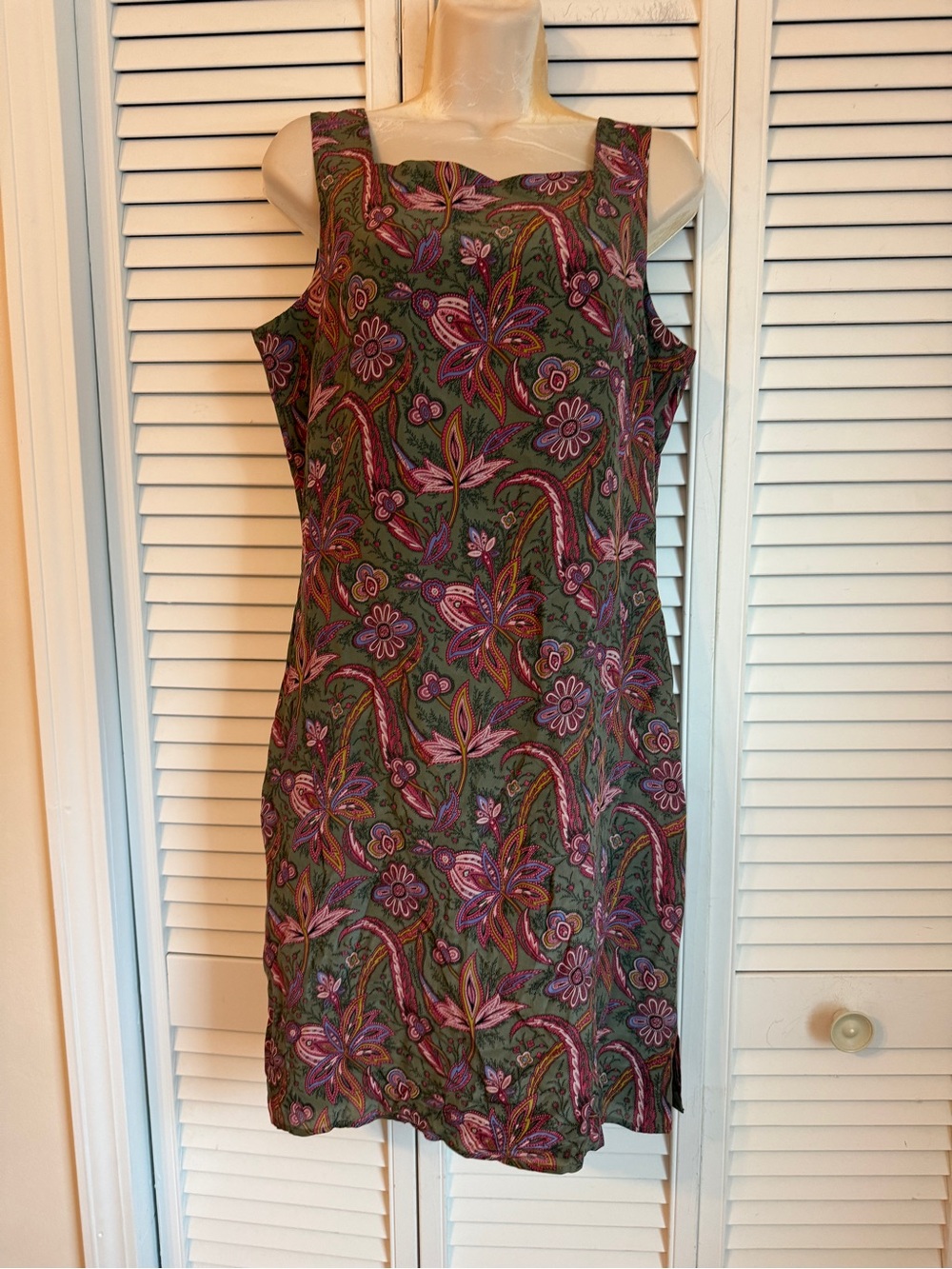 VTG 90s Silk Floral Sheath Dress Size 10 Green Butter Mom Cottage Farmhouse